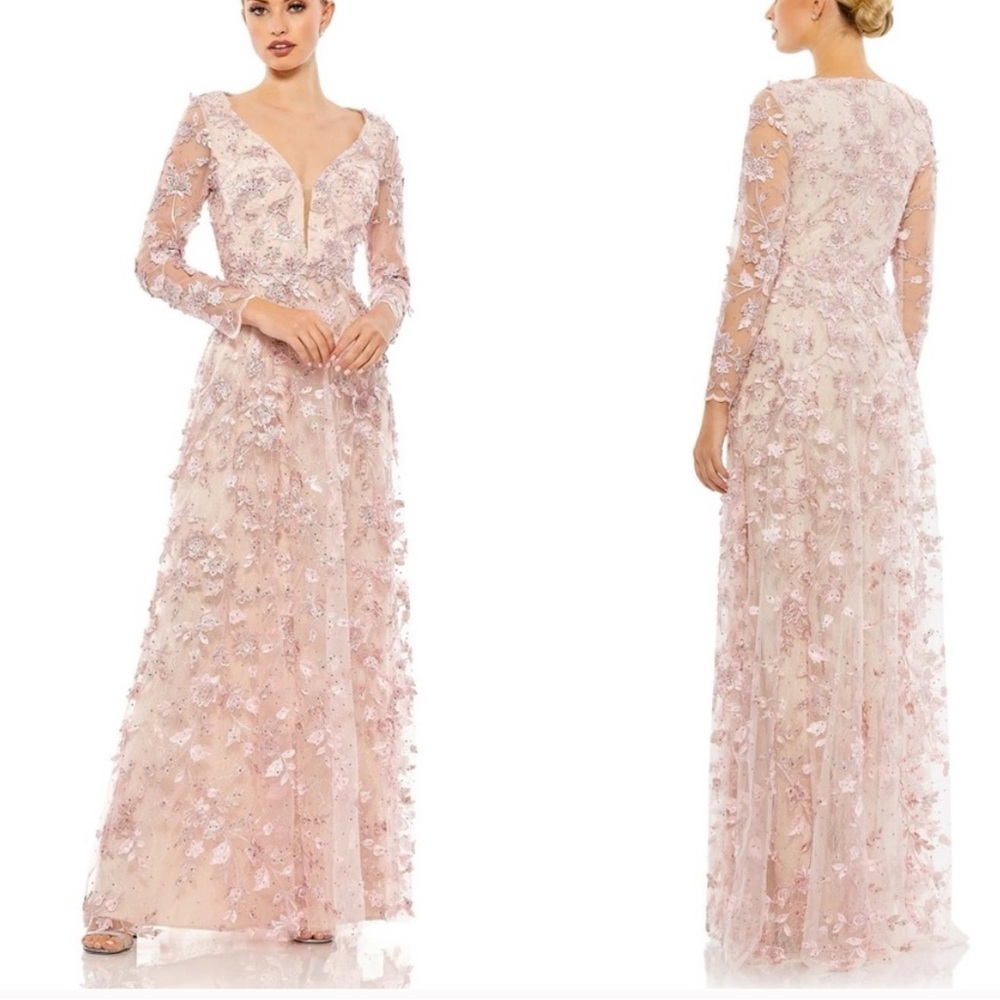 Mac Duggal Pink Floral Appliqué Long Sleeve Evening Gown, Size 12